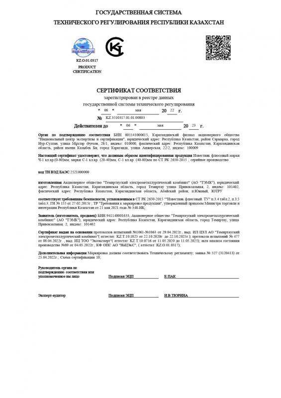 Fluxing Limestone Certificate